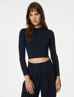 

Womens M&S Collection Ribbed Crew Neck Cropped Top - Dark Navy, Dark Navy