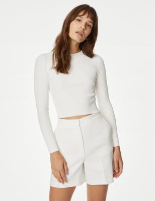 

Womens M&S Collection Ribbed Crew Neck Cropped Top - Ivory, Ivory