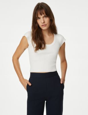 

Womens M&S Collection Ribbed Scoop Neck Cropped Top - Ivory, Ivory