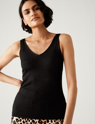 

Womens M&S Collection Strickoberteil mit V-Ausschnitt und Rippenmuster - Black, Black
