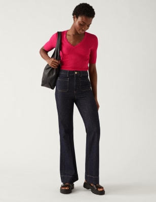 

Womens M&S Collection Ribbed V-Neck Scallop Edge Knitted Top - Bright Red, Bright Red