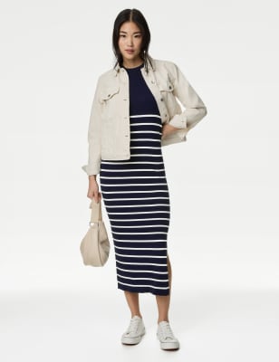 M&S Striped Midi Knitted Dress - Navy Mix, Navy Mix