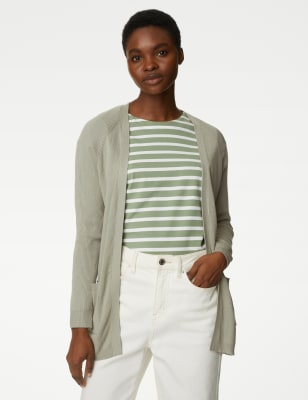 

Womens M&S Collection Lang geschnittene Rippenstrickjacke mit durchgehendem Kragen - Soft Green, Soft Green