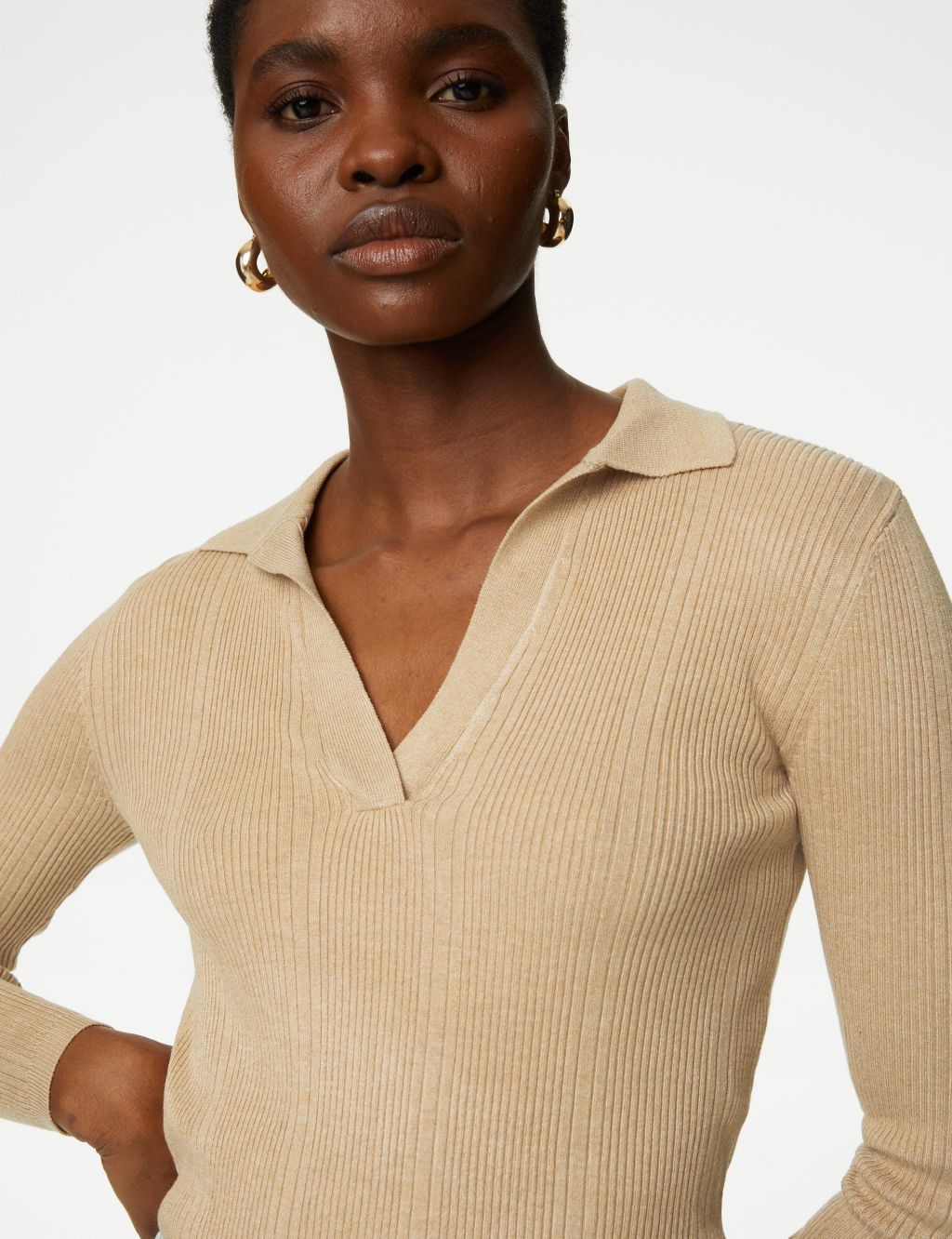 Ribbed Collared Fitted Knitted Top image 3
