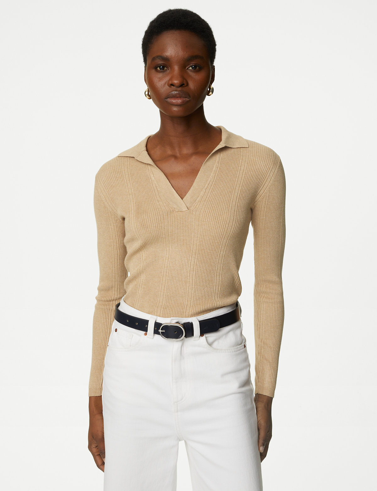 Ribbed Collared Fitted Knitted Top