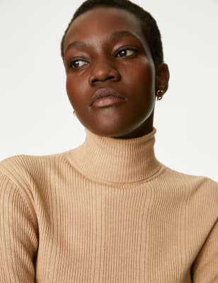 

Womens M&S Collection Ribbed Roll Neck Knitted Top - Camel, Camel