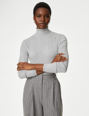 

Womens M&S Collection Ribbed Roll Neck Knitted Top - Grey Marl, Grey Marl