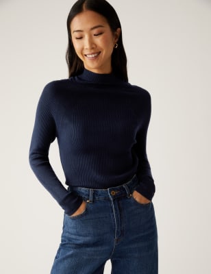 

Womens M&S Collection Ribbed Funnel Neck Jumper - Navy, Navy