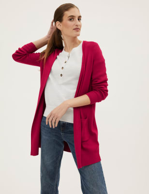 

Womens M&S Collection Lang geschnittene, bequeme Strickjacke - Cerise, Cerise
