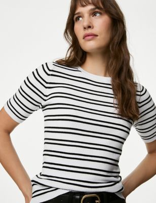 M&S Womens Striped Ribbed Crew Neck Knitted Top - White Mix, White Mix