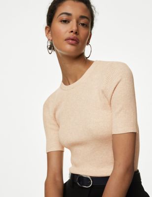 

Womens M&S Collection Ribbed Crew Neck Knitted Top - Ecru, Ecru