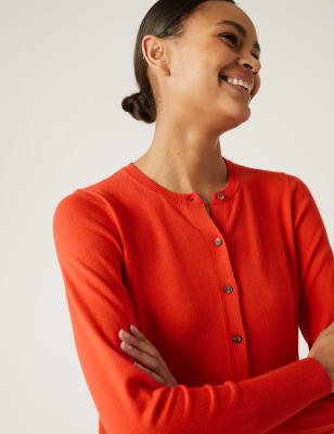 

Womens M&S Collection Strickjacke mit Rundhalsausschnitt und Knopfleiste vorne - Flame, Flame