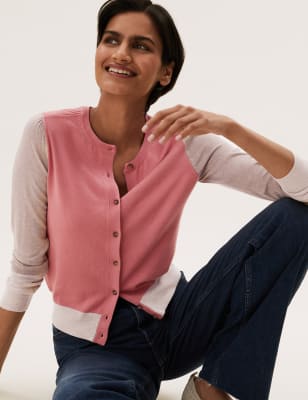 

Womens M&S Collection Colour Block Crew Neck Cardigan - Pink Mix, Pink Mix