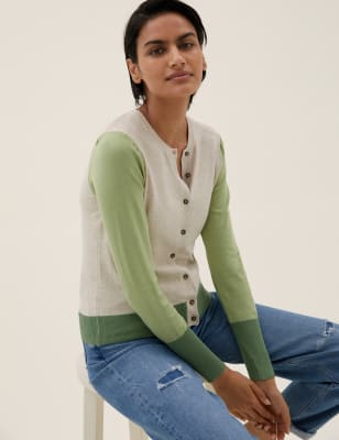 

Womens M&S Collection Strickjacke mit Rundhalsausschnitt und Blockfarben - Green Mix, Green Mix