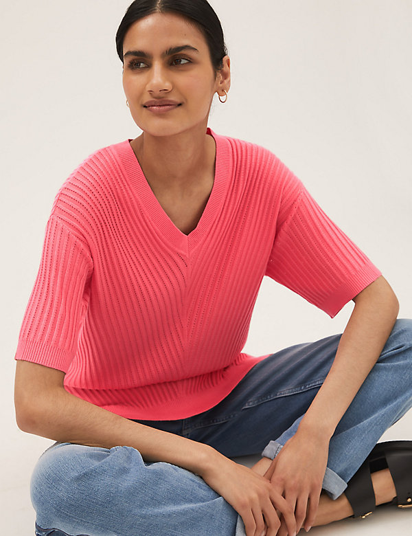 Ribbed V-Neck Relaxed Knitted Top - NZ