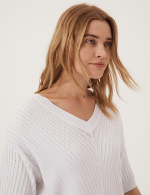 

M&S Collection Top de punto informal de escote en pico acanaladoWomens - Soft White, Soft White