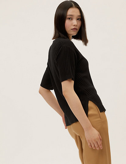 Ribbed V-Neck Relaxed Knitted Top