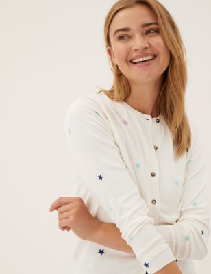 

Womens M&S Collection Star Print Crew Neck Button Front Cardigan - Cream Mix, Cream Mix