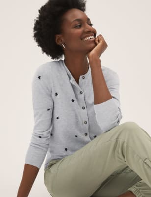 

Womens M&S Collection Star Print Crew Neck Button Front Cardigan - Grey Mix, Grey Mix