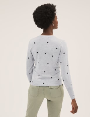 Star Print Crew Neck Button Front Cardigan