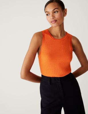 

Womens M&S Collection Ribbed Crew Neck Knitted Vest - Tangerine, Tangerine