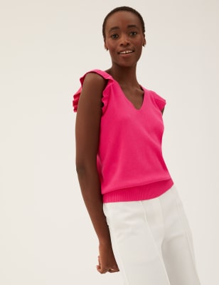 

Womens M&S Collection V-Neck Frill Detail Sleeveless Knitted Vest - Fuchsia, Fuchsia