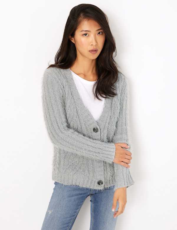 Chenille Cable Knit V-Neck Cardigan