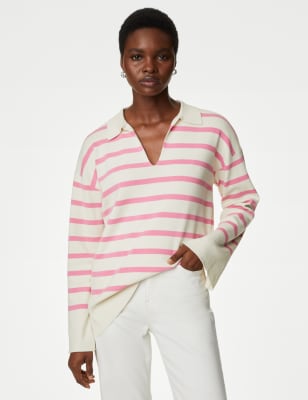 

Womens M&S Collection Cotton Rich Striped Relaxed Longline Jumper - Pink Mix, Pink Mix