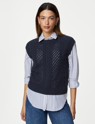 

Womens M&S Collection Cotton Rich Cable Knit Relaxed Knitted Vest - Navy, Navy