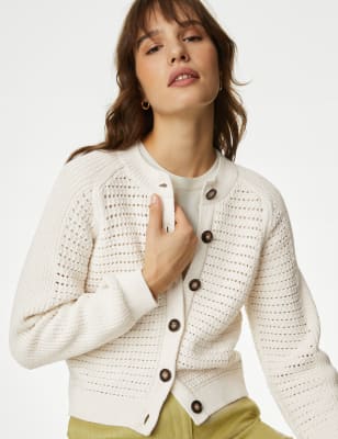 Cotton Rich Textured Crew Neck Cardigan