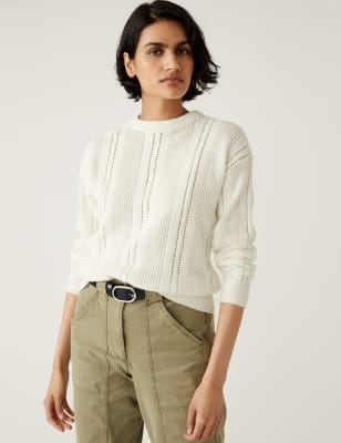 

Womens M&S Collection Cotton Rich Textured Crew Neck Jumper - Ivory, Ivory