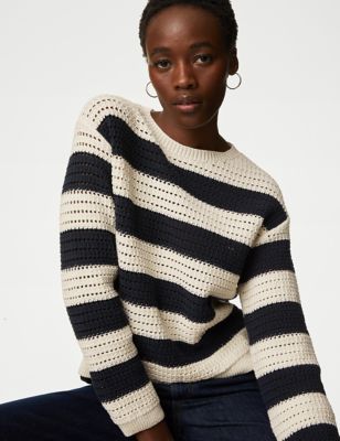 

Womens M&S Collection Cotton Rich Striped Crew Neck Jumper - Navy Mix, Navy Mix