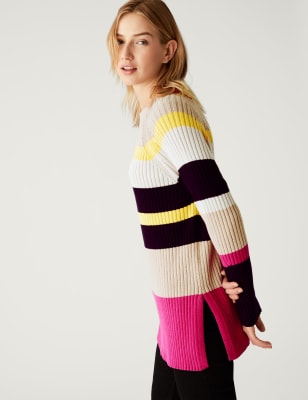 

Womens M&S Collection Lang geschnittener Pullover mit hohem Baumwollanteil und Streifen- und Rippenmuster - Sand Mix, Sand Mix