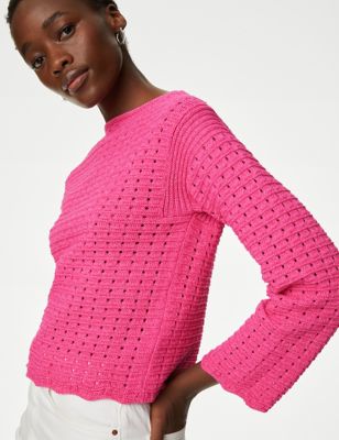 

Womens M&S Collection Cotton Rich Textured Crew Neck Jumper - Bright Rose, Bright Rose