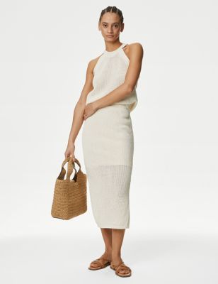 Cotton Rich Textured Knitted Midi Skirt - FI