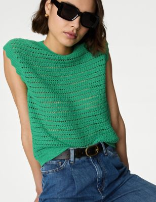 M&S Womens Cotton Rich Striped Knitted Top - Medium Green, Medium Green