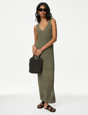 

Womens M&S Collection Cotton Rich Textured Midi Knitted Dress - Faded Khaki, Faded Khaki