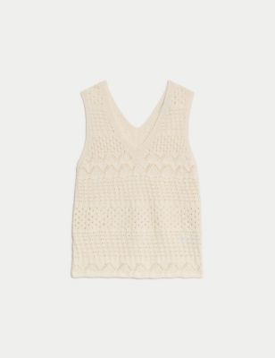 Cotton Rich Textured V-Neck Knitted Vest