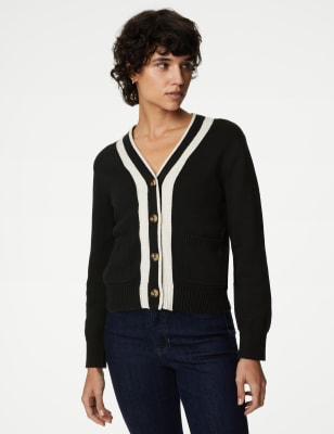 

Womens M&S Collection Strickjacke aus Baumwollmischgewebe mit V-Ausschnitt und Knopfleiste vorne - Navy Mix, Navy Mix