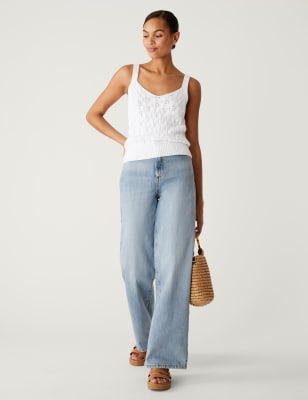 

M&S Collection Camiseta de punto de algodón texturizado de escote en picoWomens - Soft White, Soft White