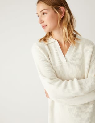 

Womens M&S Collection Cotton Rich Ribbed Collared Relaxed Jumper - Ivory, Ivory