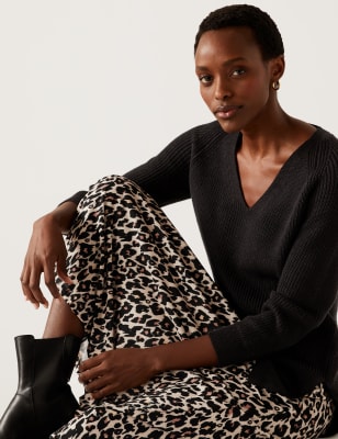 

Womens M&S Collection Cotton Rich Ribbed V-Neck Longline Jumper - Black, Black