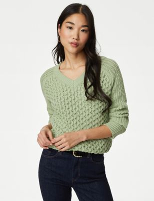 

Womens M&S Collection Cotton Rich Textured V-Neck Jumper - Pale Jade, Pale Jade
