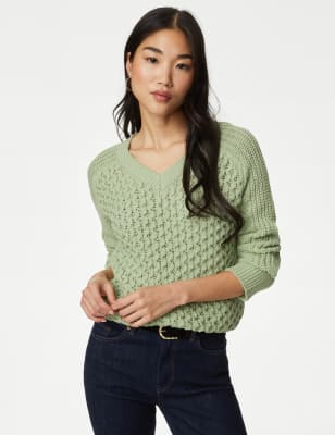 Cotton Rich Textured V-Neck Jumper - NZ