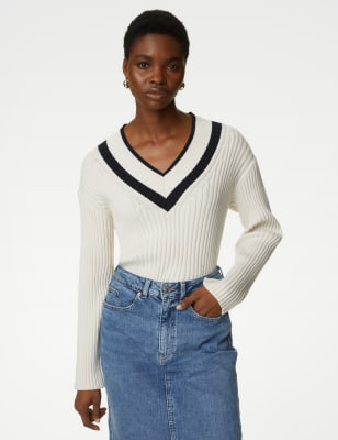 

Womens M&S Collection Cotton Rich Ribbed V-Neck Jumper - Ivory Mix, Ivory Mix