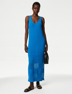 

Womens M&S Collection Cotton Rich Textured Midi Knitted Dress - Bright Blue, Bright Blue