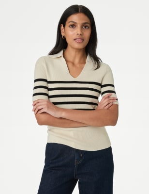 M&S Womens Cotton Rich Ribbed Striped Knitted Top - Ecru Mix, Ecru Mix