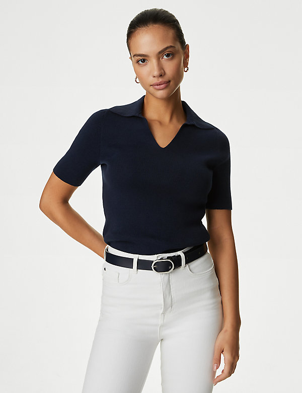 Cotton Rich Ribbed Collared Knitted Top - DE