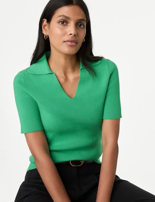 M&S Women's Cotton Rich Ribbed Collared Knitted Top - S - Medium Green, Medium Green,Navy,Soft White