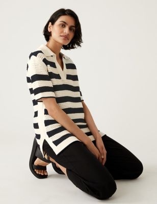 Pure Cotton Striped Collared Knitted Top